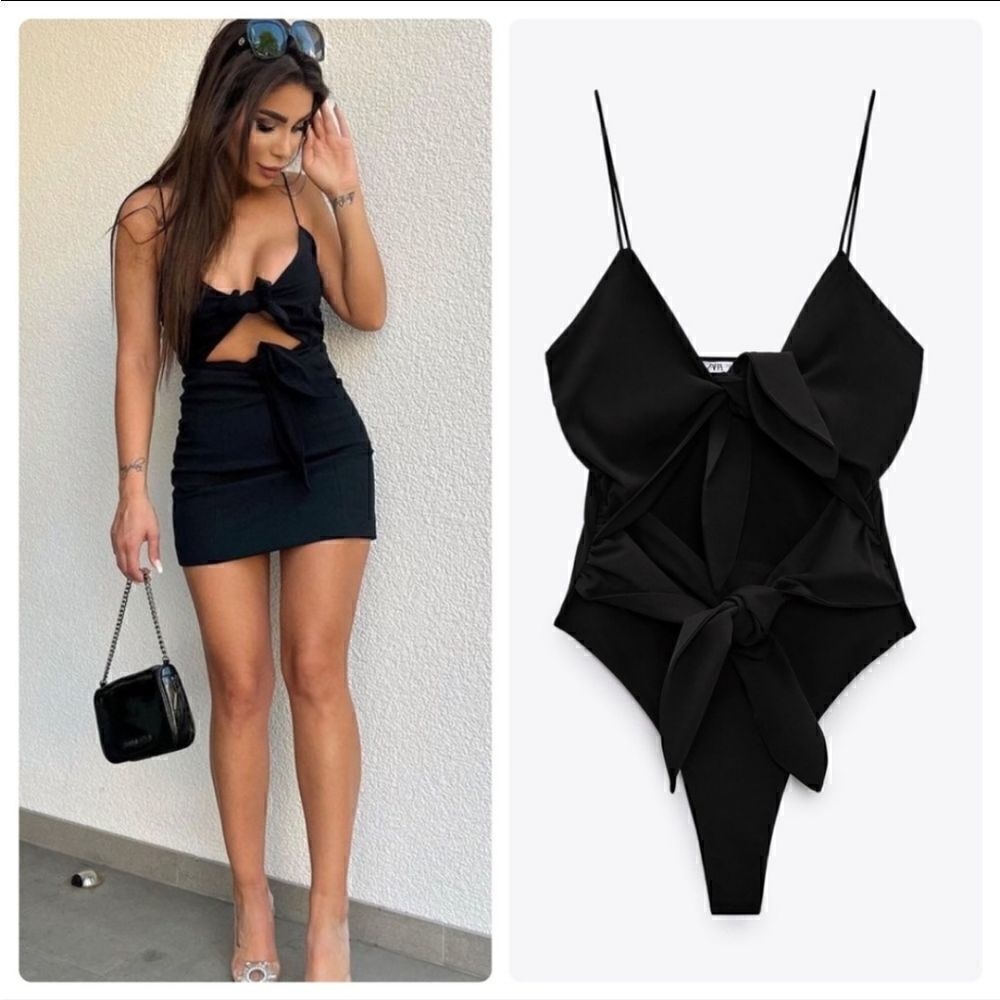 BLOGGERS FAV 🖤Zara Black Cut Out Bow Bodysuit Size Small or Medium NWT N…